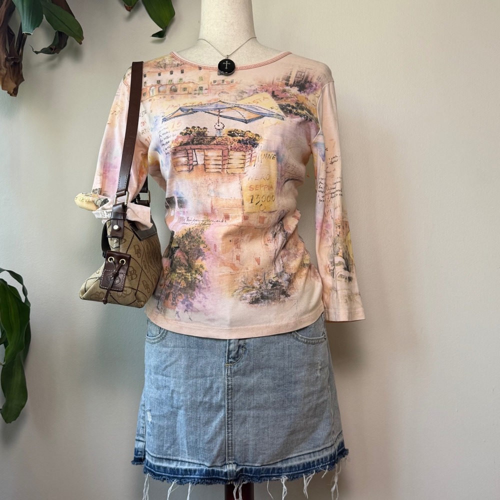 y2k Cactus Italian beaded Graphic 3/4 sleeve pink cotton top coquette fairy 90s